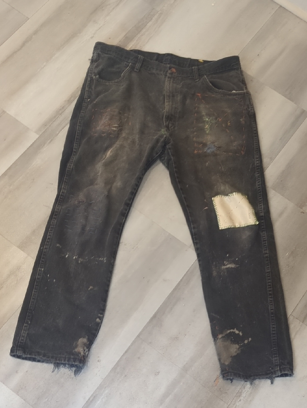 Men's Black Distressed Painter Jeans with Patch Detail Sashinko Rustler 38-29
